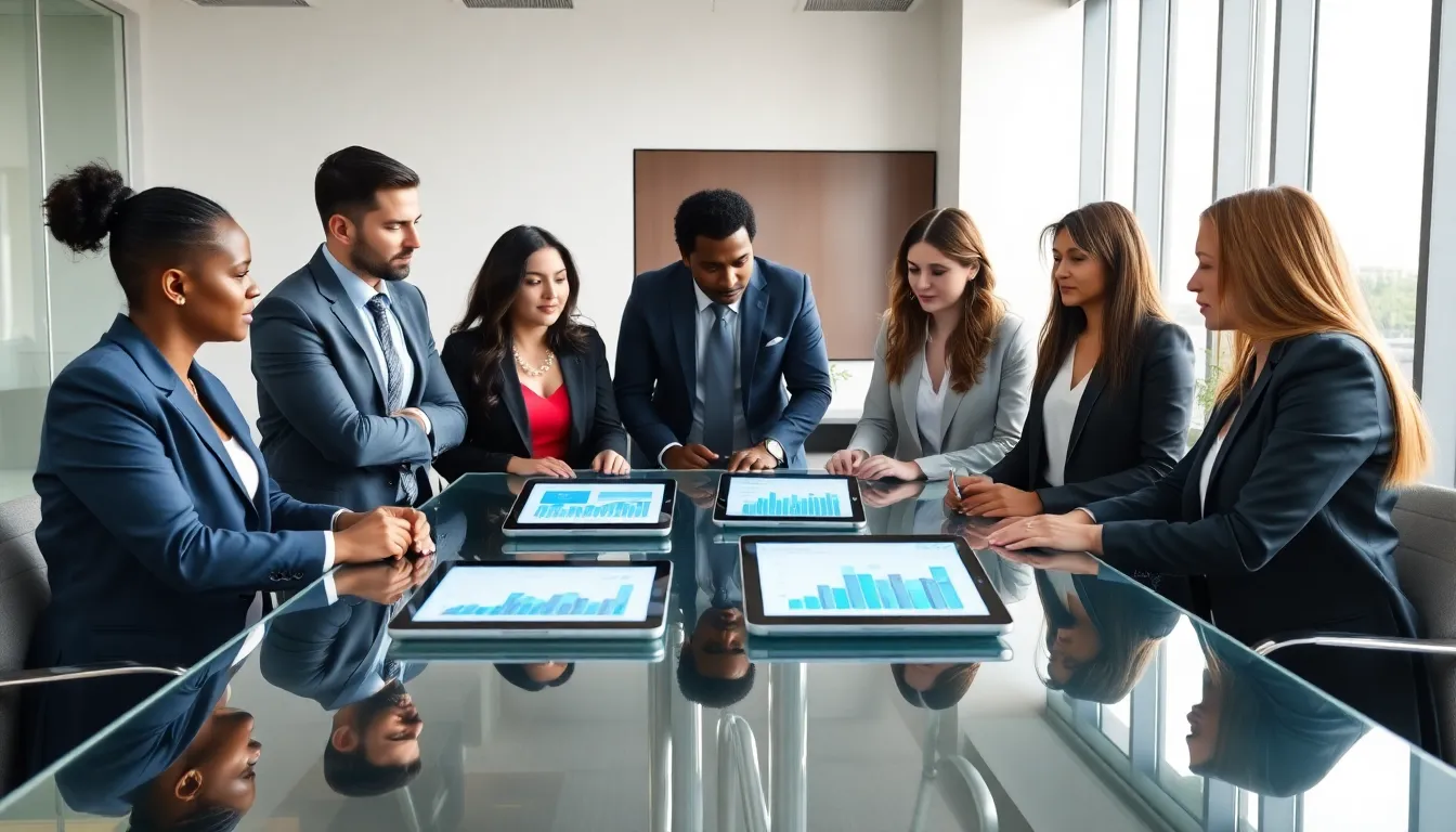 diverse professionals collaborating in a modern office on logistics data.